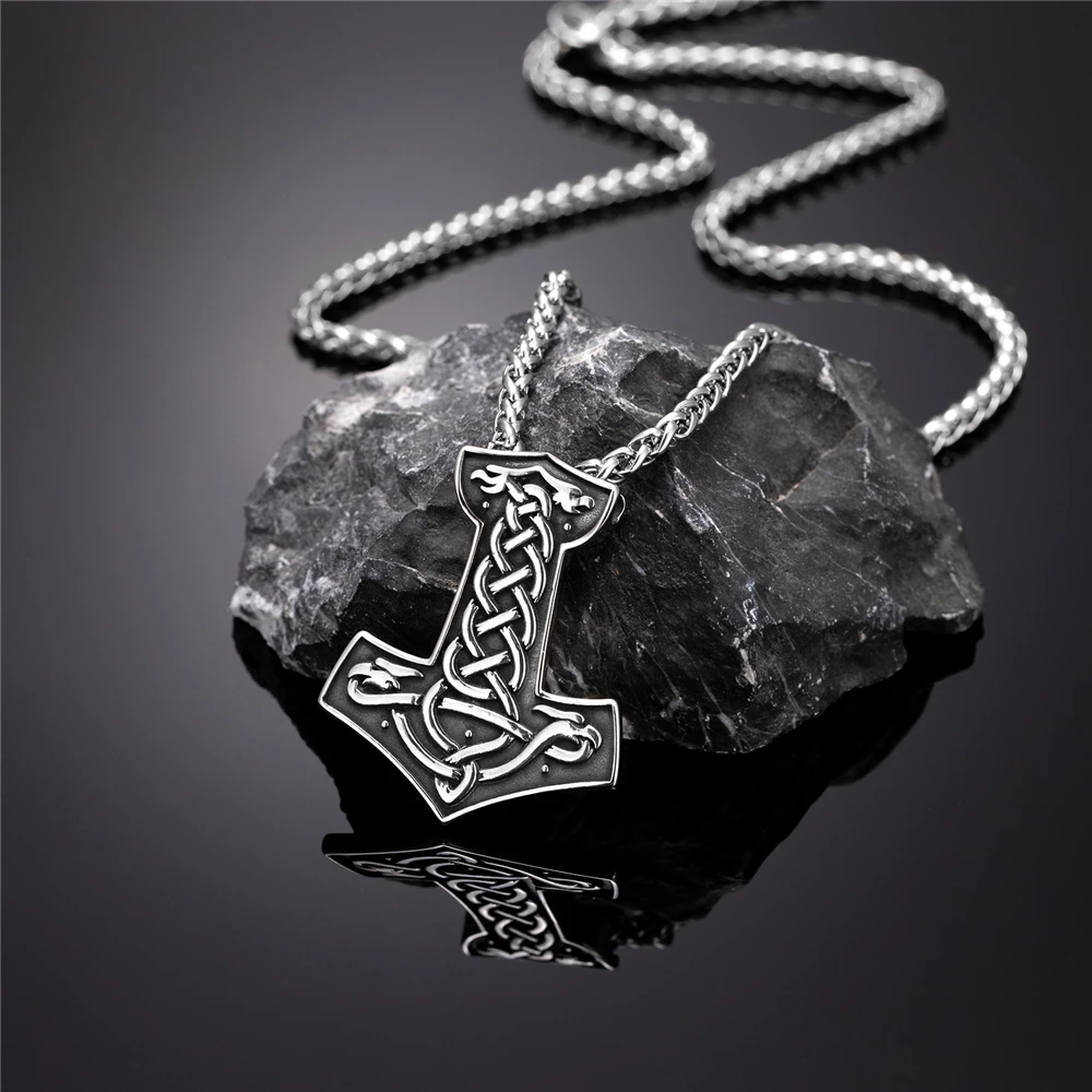 Herren-Halskette aus Edelstahl mit Wikinger-Thor-Hammer-Anhänger, doppelseitiger nordischer Anker-Amulett-Anhänger, skandinavischer Vintage-Schmuck. – Detail 10