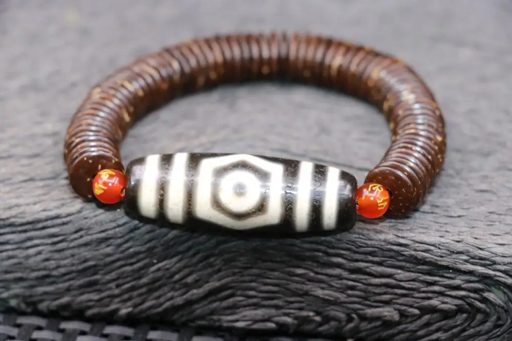 Royal Tibetan Old Agate 3 eye wealth dZi Bead Stretchy Hand Knitted Bracelet