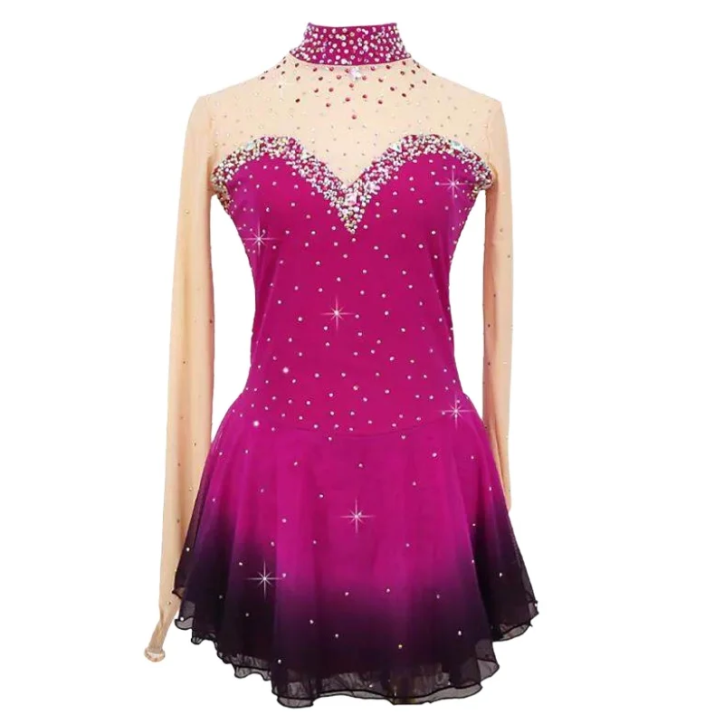 Figure Skating Dress Long Sleeve Dress for Girls Spandex Rhinestone Performance Wear for Competition Stretch Mesh Dance Costume