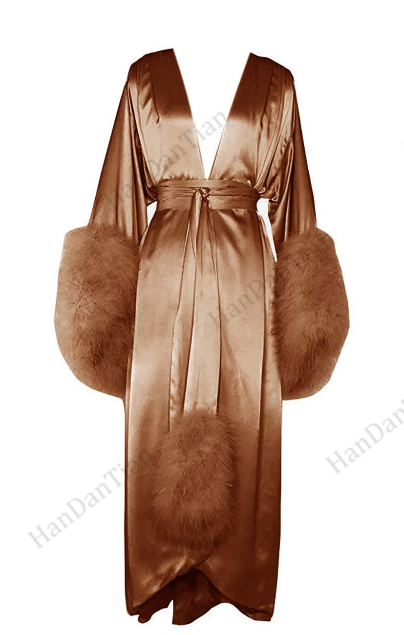 Frauen Robe Pelz Nachthemd Bademantel Nachtwäsche Feder Braut Robe mit Gürtel