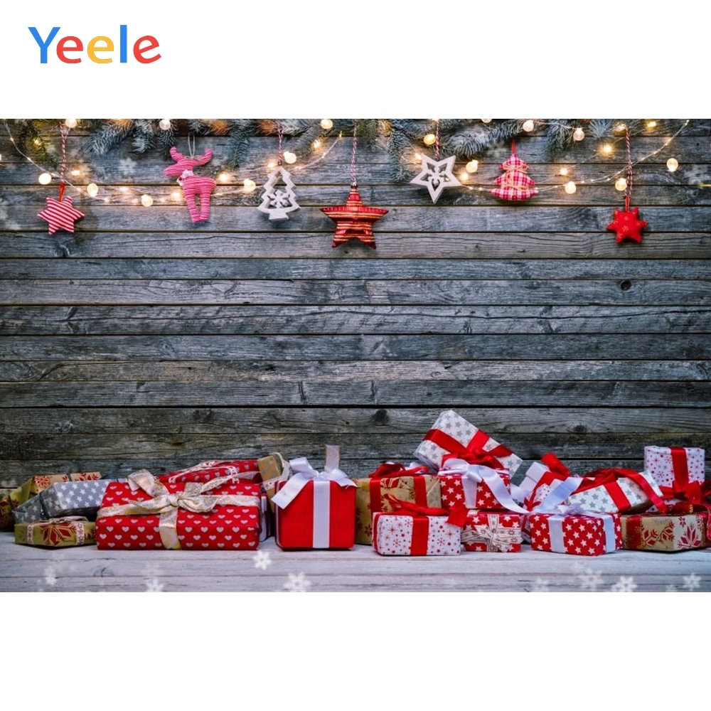 

Yeele Christmas Backdrop Wood Board Gifts Light Baby Birthday Party Customized Vinyl Photography Background For Photo Studio