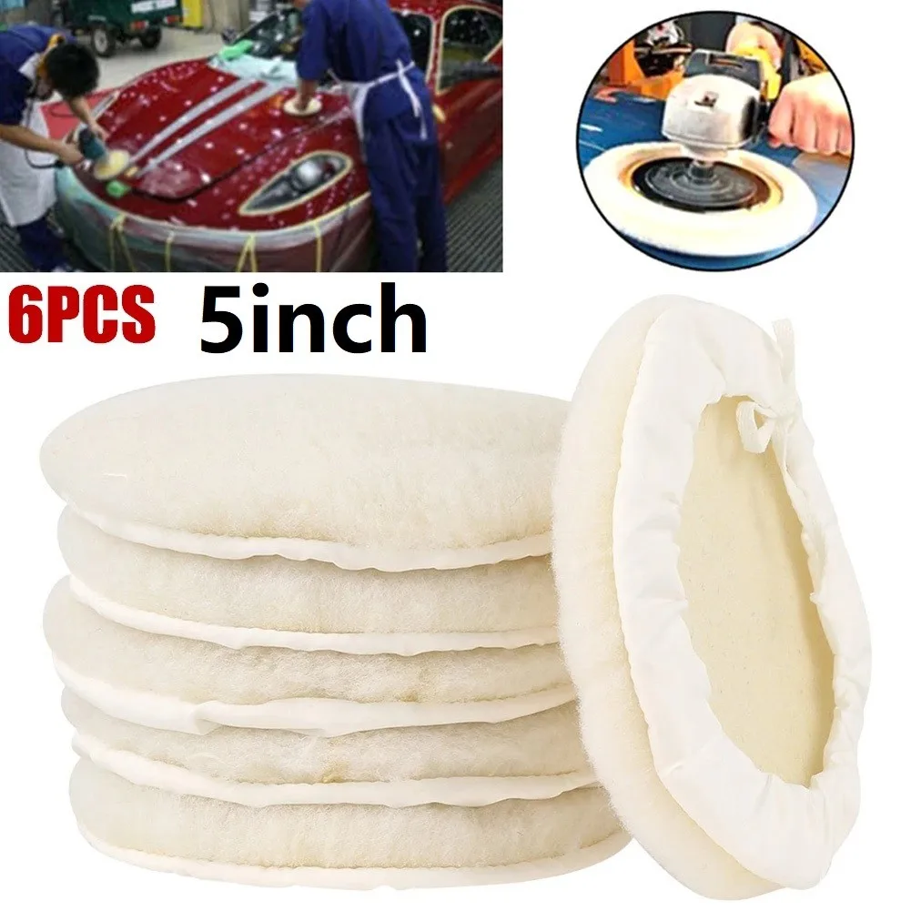 6Pcs 5Inch 125Mm Auto Lamswollen Motorkap Buffing Wheel Pad Buffer Polijstmachine Pad Auto Onderhoud Care Tools