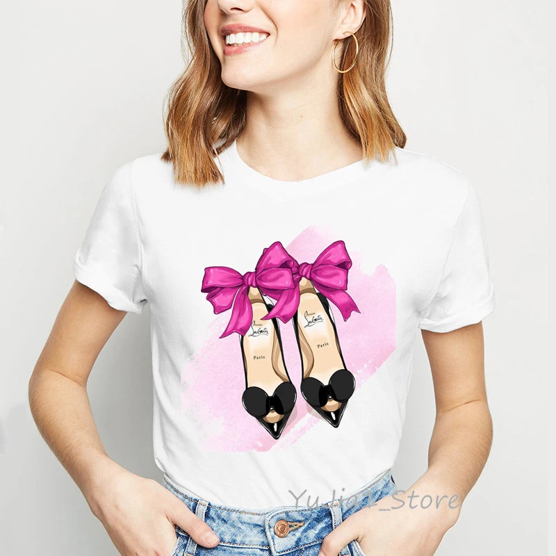 Watercolor Bow-Knot Shoes Print Paris Style T Shirt Women Kawaii Clothes Haut Femme Streetwear Hipster Tshirts T-Shirt