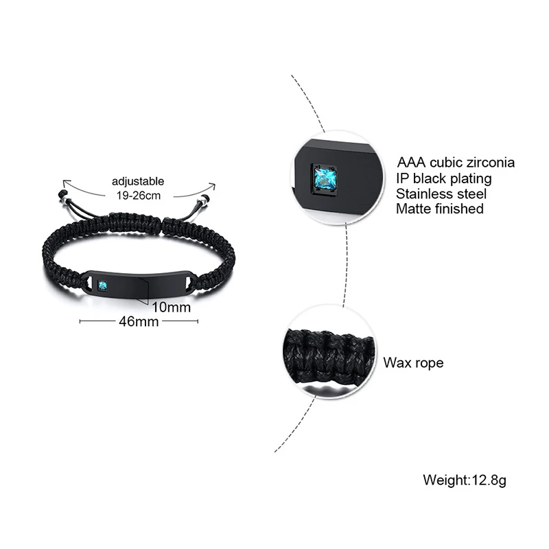 Vnox Personalized Handmade Braided Bracelets for Couples Stainless Steel Bar AAA CZ Stone Women Men Birthday Anniversary Gift