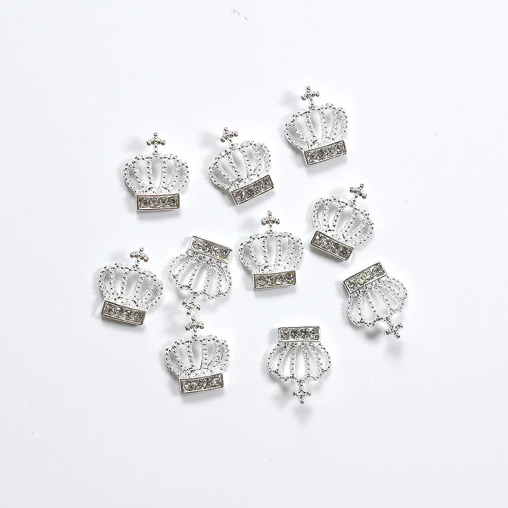 20Pcs Random Mixed 3D Chic Alloy Rhinestones Crown Silver Nail Art Decoration Tip Glitters DIY Nail Drill Stickers Glue on