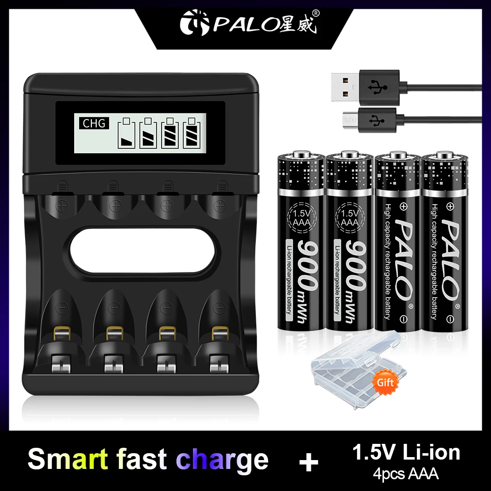 

PALO 1.5V AAA Rechargeable Lithium Battery 900mWh AAA li-ion Batteries with 4 slots LCD Battery Charger for 1.5V AA AAA battery