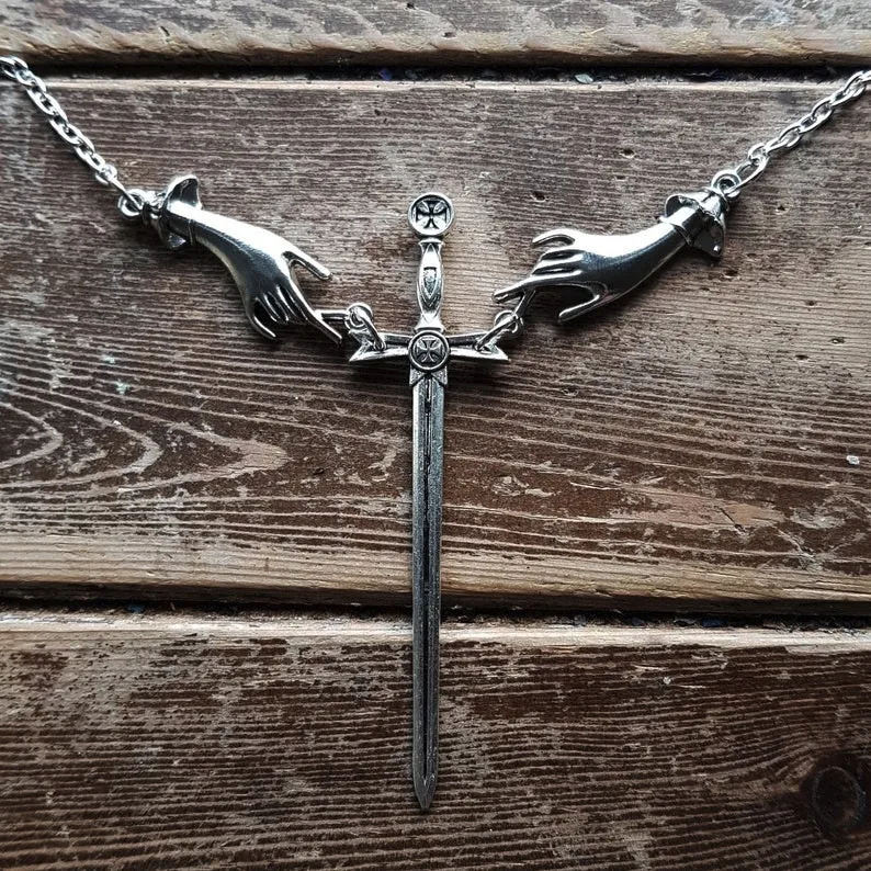 Sword hand Necklace Silver Color pendant Gothic jewelry Dark dagger men women gift statement satanic 2020 new long fashion