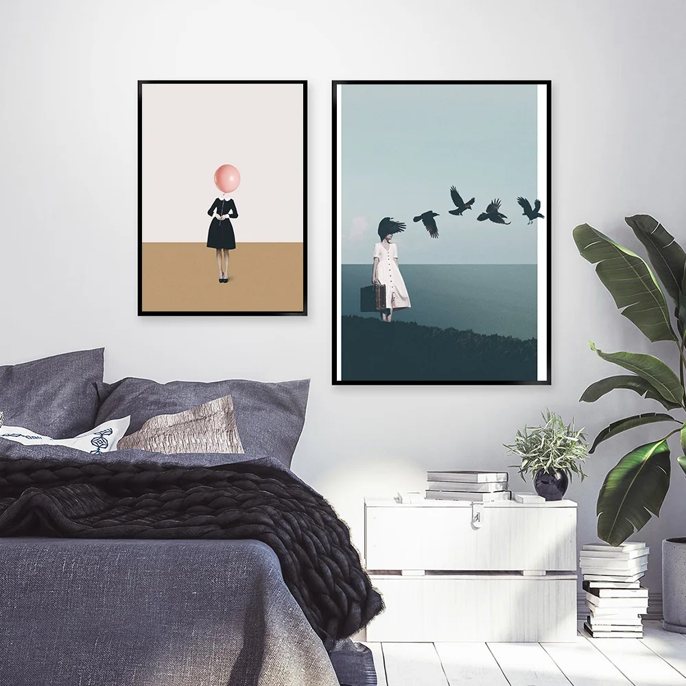 Girl Hair with Bird Balloon Sky Wall Art Abstract Posters and Prints Surrealism Style Print Pictures Bedroom Decoration for Home