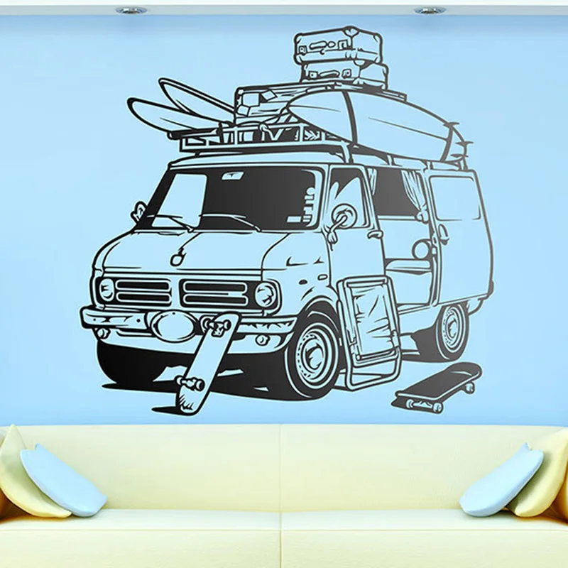 Large American Van Surf Car Wall Sticker Surfing Beach Summer Vehicle Truck Wall Decal Bedroom Living Room Vinyl Home Decor