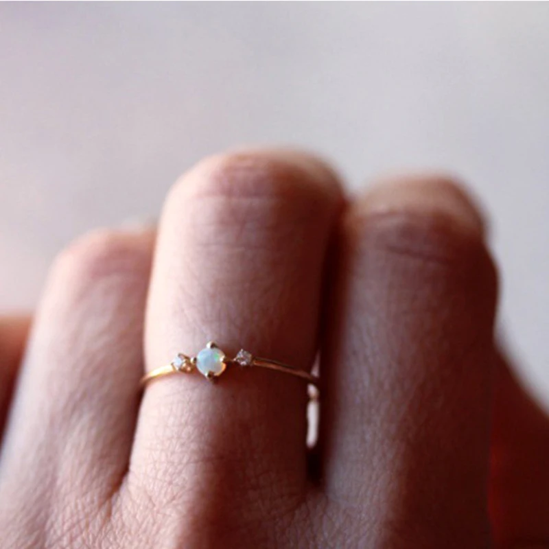 Women's Engagement Rose Gold Color Opal Rings Simple Style Finger Ring Crystal Stud Thin Hoops Hand Bands Ring Size 5 - 10