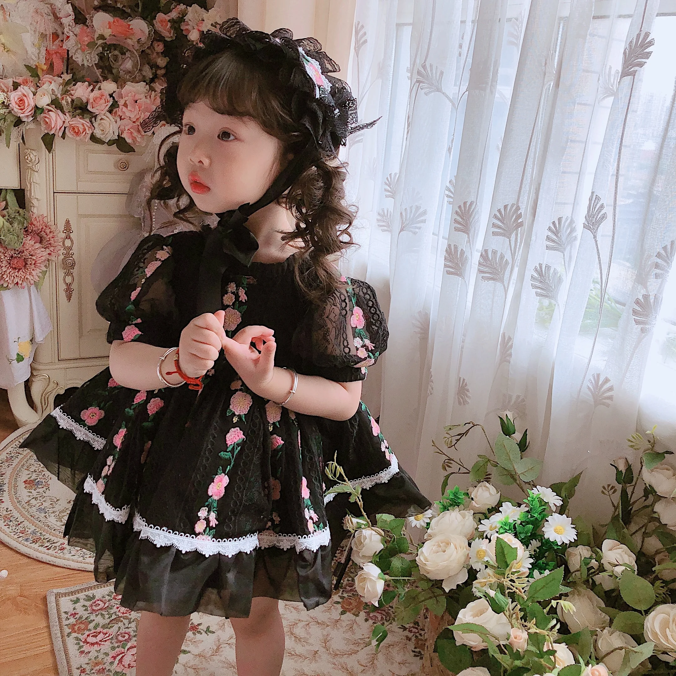 Baby Summer Vintage Palace Embroidery Black Backless Bow-knot Ball Gown Princess Dress for Girl Birthday Easter Wedding Party