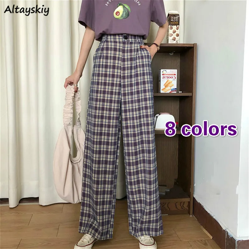 Wide Leg Pants Women Harajuku Plaid Summer Popular Korean Teens High Waist Trouser Purple Stylish Chic Womens Pantalones Soft