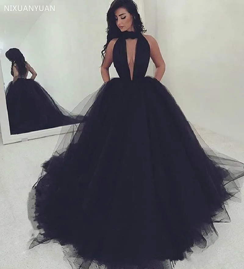 

Black 2023 Prom Dresses Ball Gown Halter Tulle Backless Sexy Party Maxys Long Prom Gown Evening Dresses Robe De Soiree