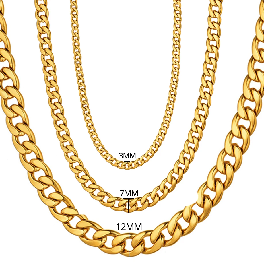 Men\'s 3/7/12mm 316L Stainless Steel Gold Color Miami Cuban Link Necklace Long Male Hip Hop Jewelry Chain Wholesale Dropshipping