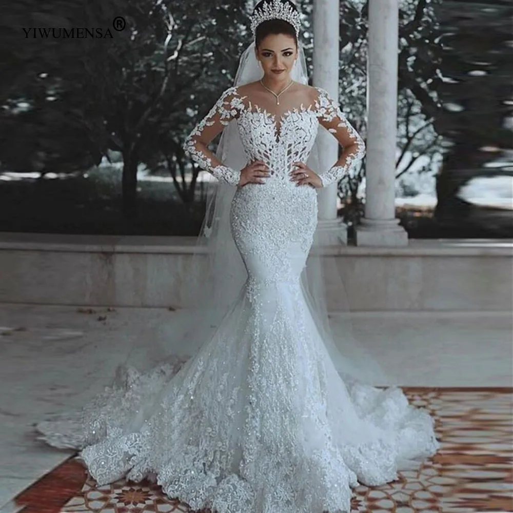 Dubai Afrikaanse Lange Mouwen Mermaid Bruidsjurken Illusion Huid Tulle Kant Applicaties Kralen Bridal Jurken Robe De Mariee 2021