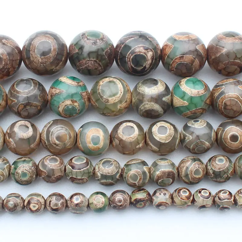 Smooth Green 3Eyes 6-14mm Dzi agates Round Beads 14.5