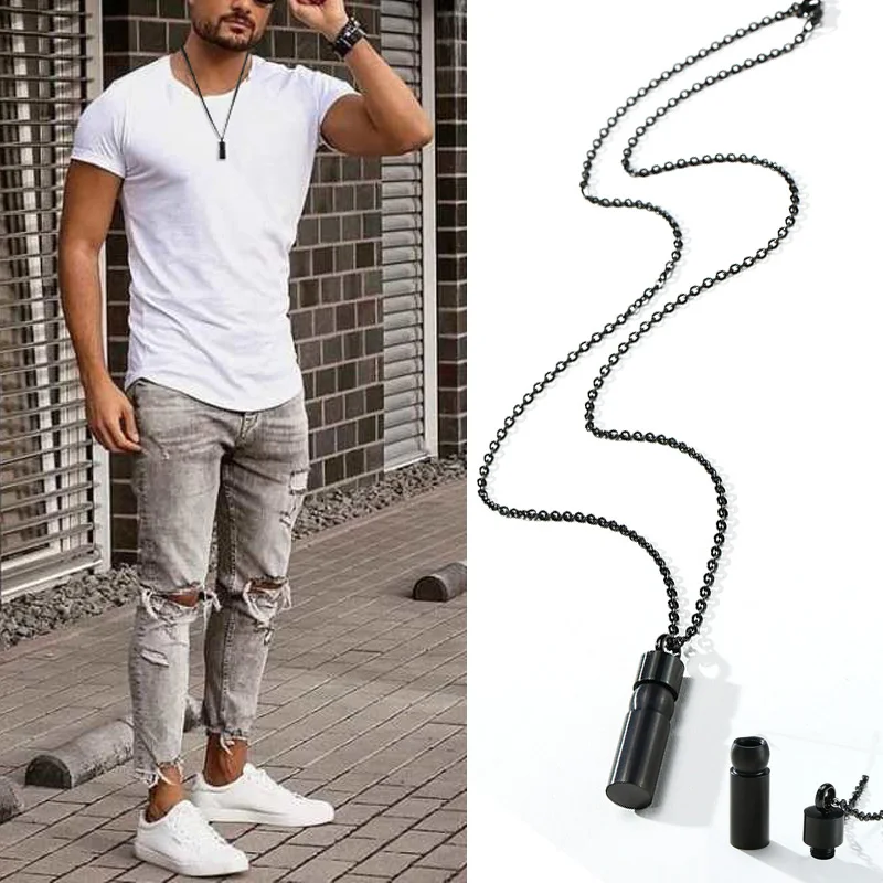 CYLINDRICAL URN MEN NECKLACE FOR ASHES STAINLESS STEEL BLACK CYLINDER-SHAPED PENDANT MEMORIAL JEWELRY