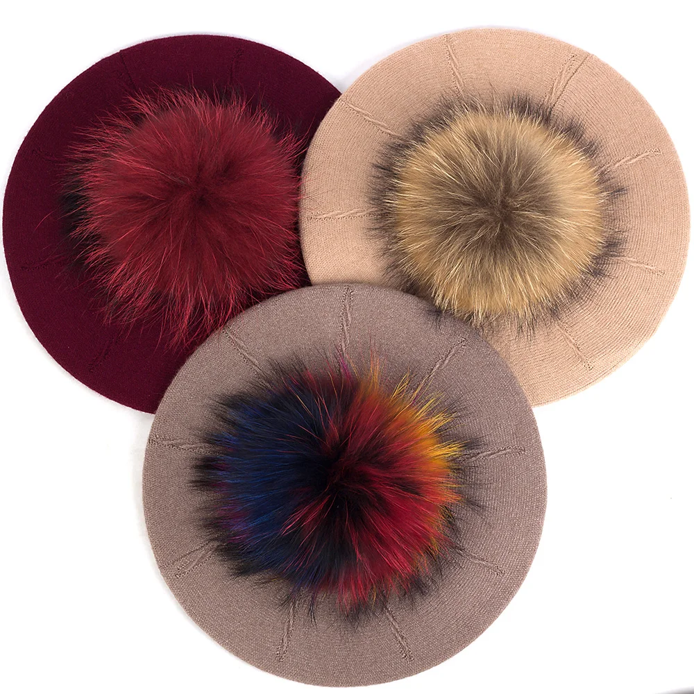 Fashion Elegant Sweet Women Beret Warm Winter Autumn Hat Lovely Ladies Party Hats Cap with 15 cm Real Fur Pompom Female Gift