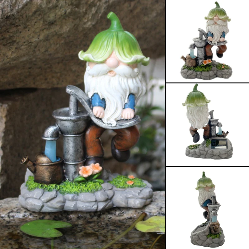 

Solar Fairy Gnome Statue Light Dwarf With Bud Hat Pumping Water Funny Small Resin Gnome Outdoor Garden Ornament Lamp Jardin