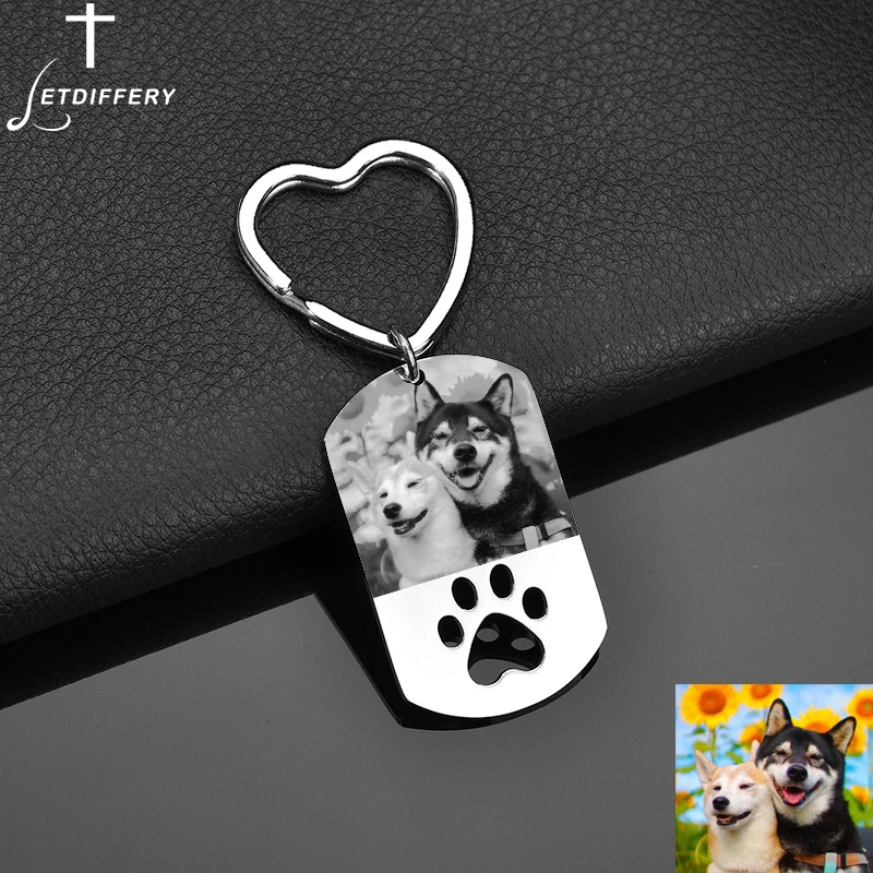 Letdiffery New Custom Dog Tag Personalized Photo Engrave Name Keychain for Pets Stainless Steel Heart Keychains Jewelry Gifts