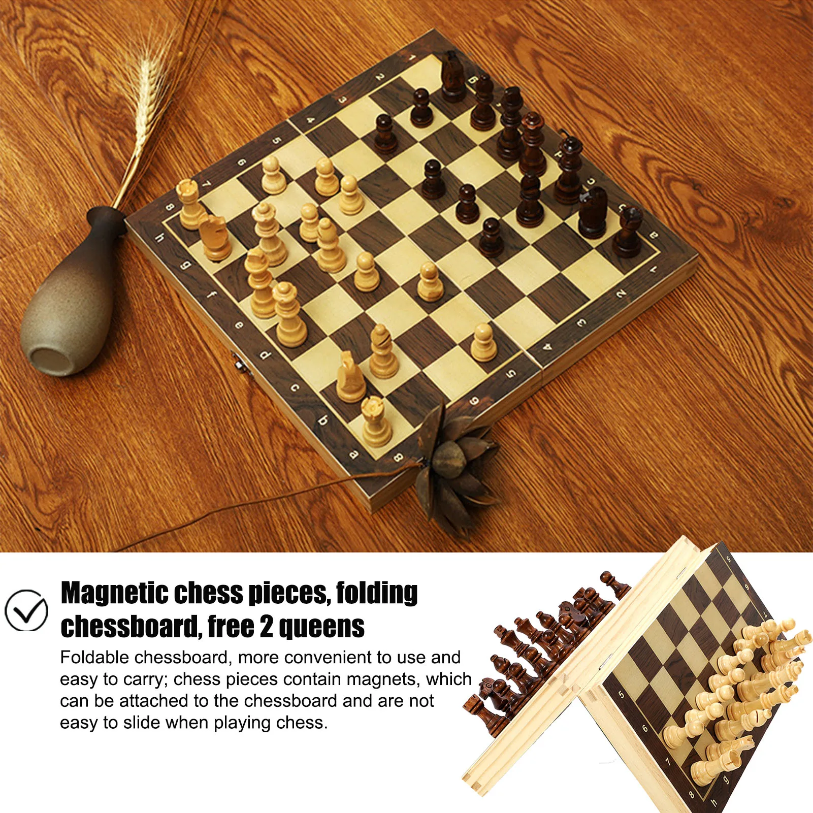 Wooden Chess Foldable Board Chess Piece Set Feee Two Queens Travel Fun Game Children's Educational Toys Adult Game