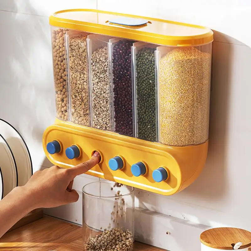 

Wall Mounted Divided Rice and Cereal Dispenser Rice Storage Container 6 Moisture Proof Automatic Racks Sealed Food Storage Box