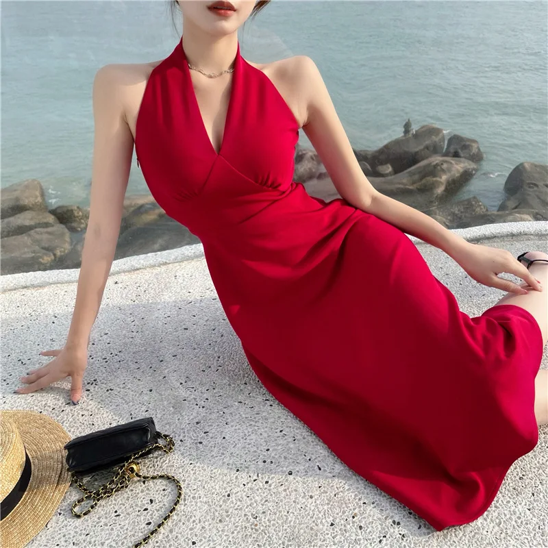 Retro Sleeveless Halter Party Full Dress Women 2021 Summer Slim Sexy Vintage V-neck Club Bodycon Dress Ladies French Long Dress