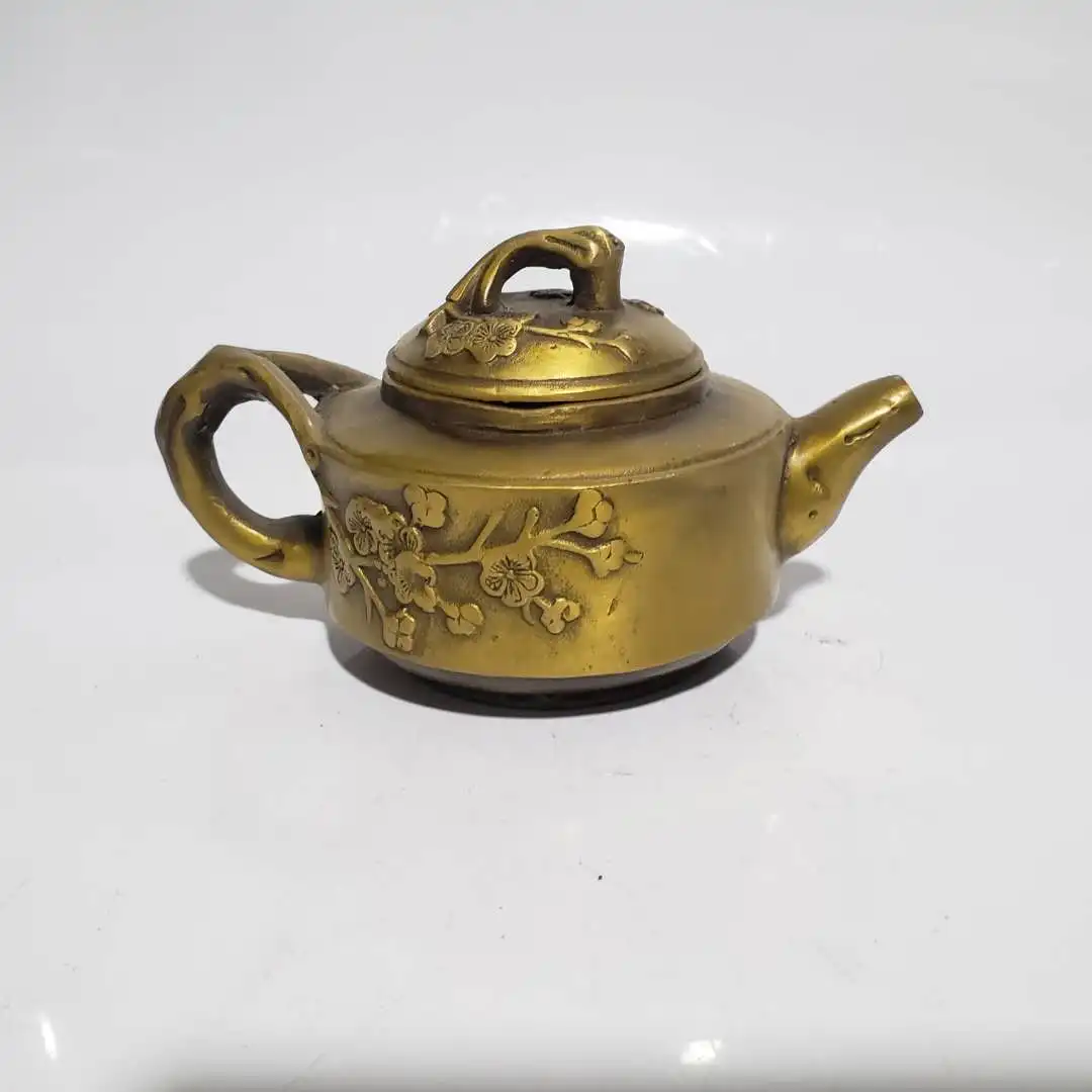 Chinese pure brass plum blossom teapot statues home decor sculpture