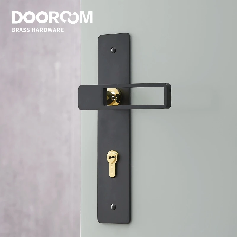 Dooroom Brass Door Lever Ultra-thin Mute Black Gold Interior Bedroom Bathroom Wood Door Lock Set Long Plate