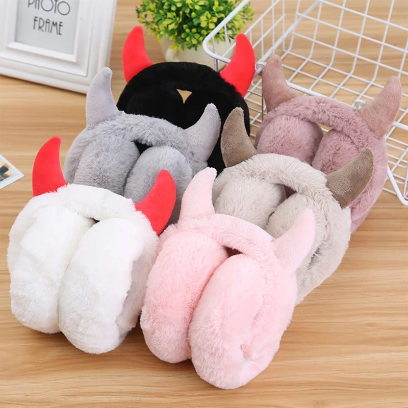 Women Soft Plush Earmuff with Horns Girls Cute Winter Adjustable Ear Muffs Female Foldable Outdoor Cycling Ski Ear Warmers