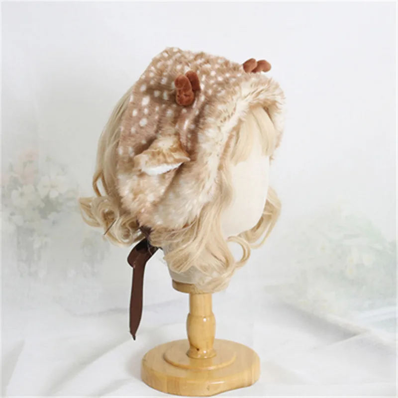 Women Girl Sika deer plush beret lamb wool Lolita hand-made Japanese Soft Sister Beret Lolita Girl Sweet Cute All-match