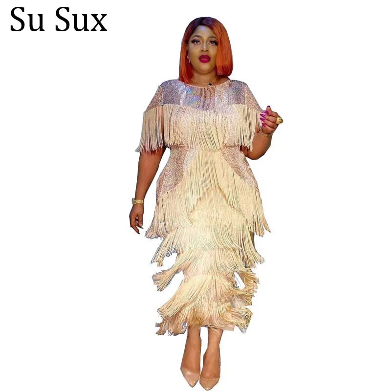 

Sequins Tassels Party Dress African Clothes For Women Robe Dashiki Wedding Africa Clothing O Neck Maxi Dresses Nightclub Female