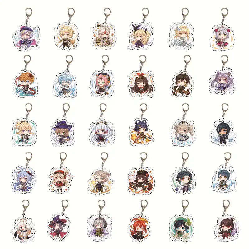 30Pcs/Lot Anime Genshin Impact Keychain Xiao Zhongli Diluc Venti Hutao Paimon Cute Acrylic Pendant Keyring Fans Cosplay Jewelry