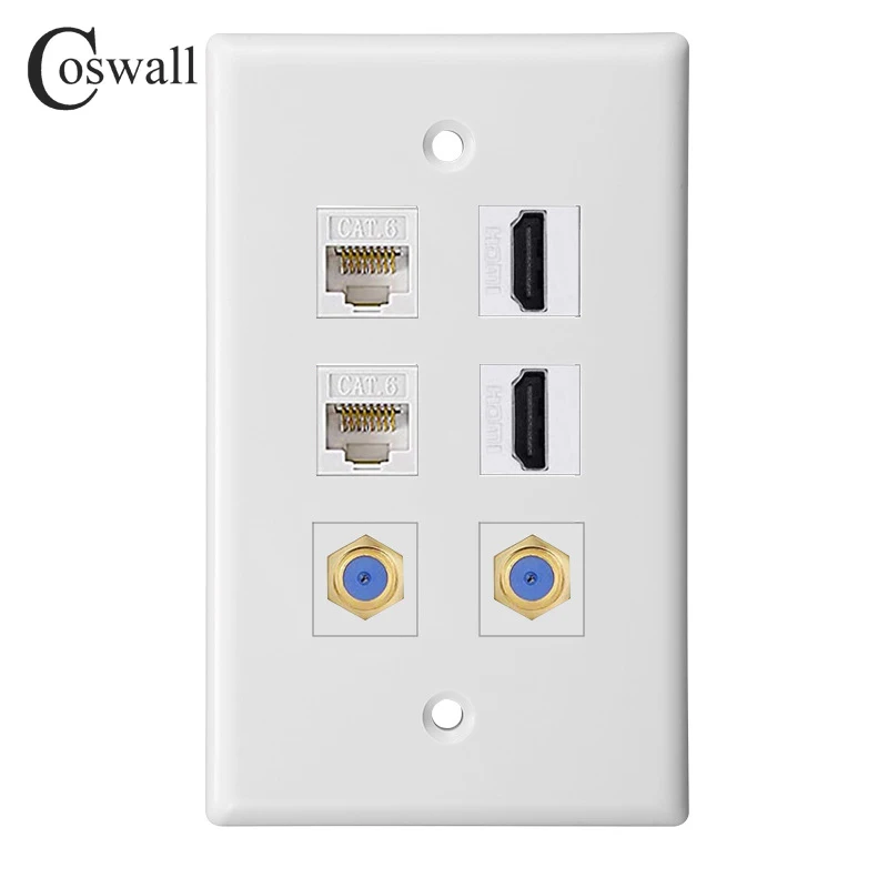 Coswall PC Panel Wall Outlet Coaxial Satellite TV F Head & CAT6 RJ45 Internet Jack + Female to Female HDMI-compatible 2.0