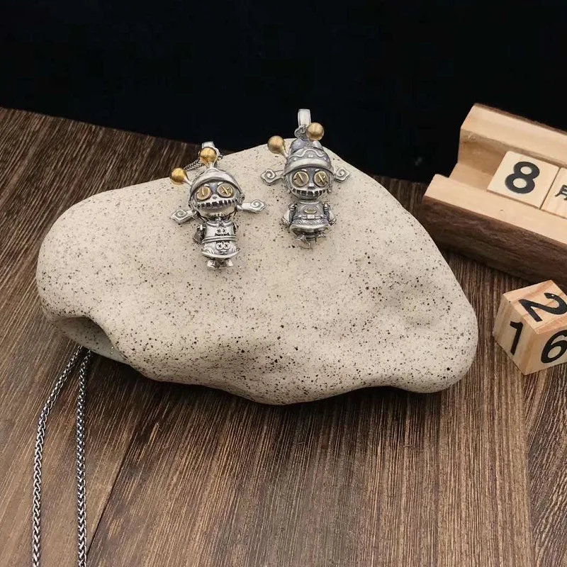 Real 925 Sterling Silver Little Fortune God Voodoo Witch Funny Doll Necklace Pendant