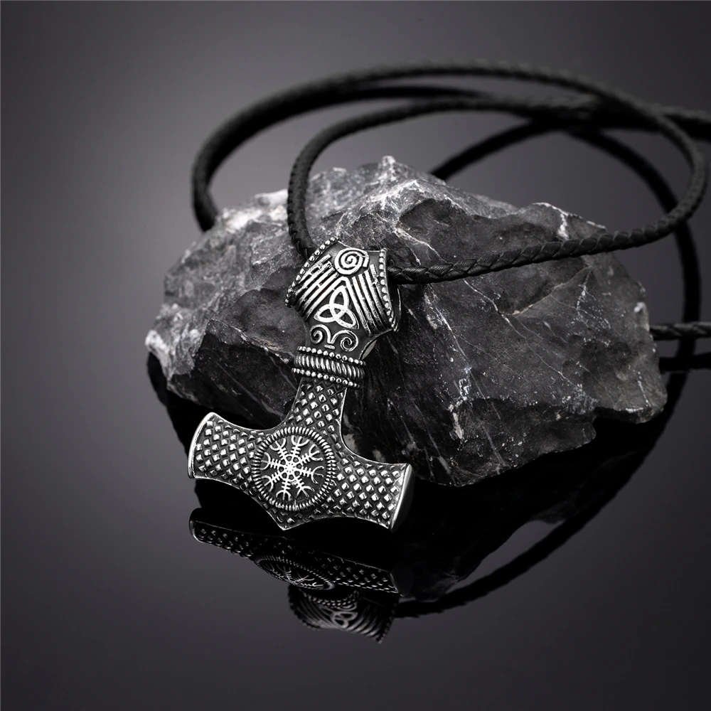 Vikings Thors Hammer Necklaces Men Stainless Steel Double-sided Norse Trinity Mjolnir Amulet Anchor Pendant Scandinavian Jewelry