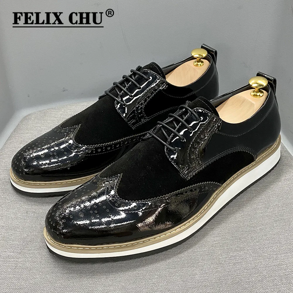 British Style Classic Mens Business Casual Shoes Patent Leather Suede Wingtip Brogue Oxfords Black Flat Fashion Shoes for Men