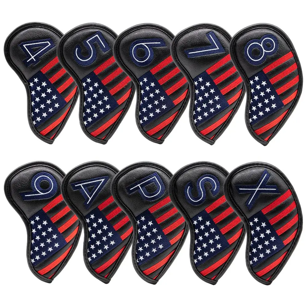 Aliennana Golf Iron Club Covers Set, Black, USA American Flag, Over Size 4-9,P, 10Pcs Set