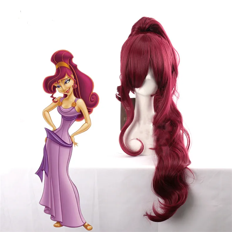 Perruque Cosplay Princesse Megara pour Adulte, Cheveux Synthétiques, Long, Vin Rouge, Bonnet