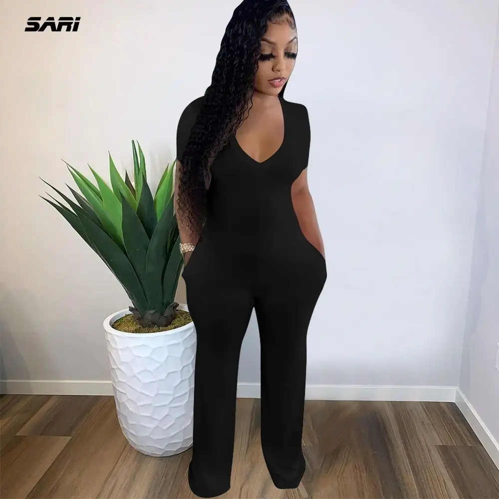 Women Jumpsuit Solid Color Sexy Elegant V-Neck Short-sleeved Wide-Leg Pants Overalls Casual Loose One-piece Summer Rompers