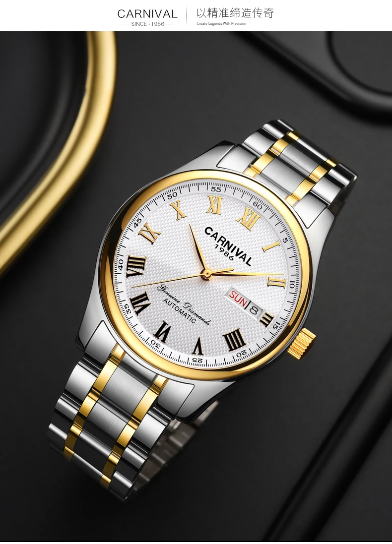 CARNIVAL Luxury Brand Automatic Mechanical Watches Men Roman Dial Date Waterproof Watch Stainless Steel Strap Montre Homme New