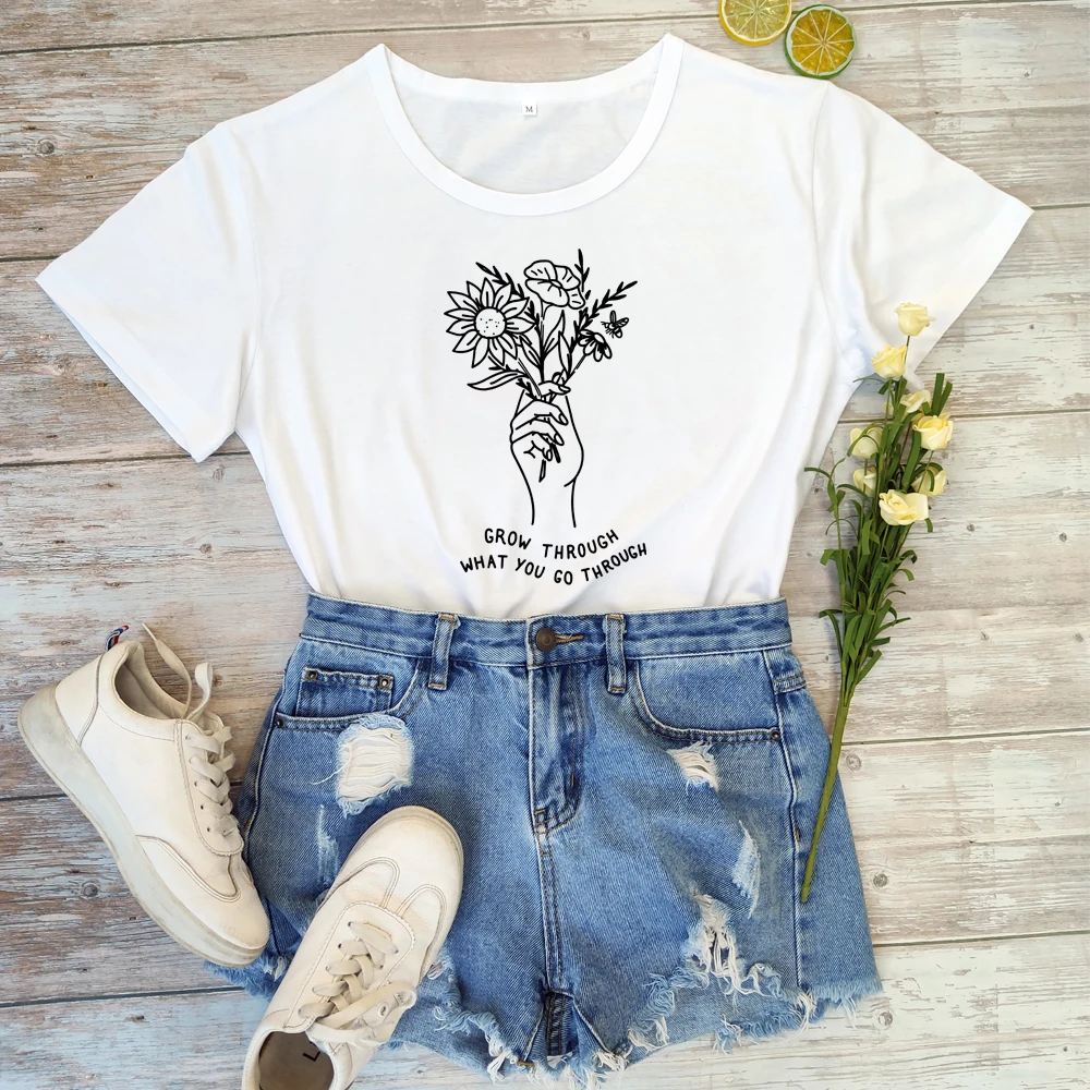 Summer Grow Through What You Go Through T-shirt Vintage Flower Print Tee Shirt Top Women Crewneck Inspirational Quote Tshirt