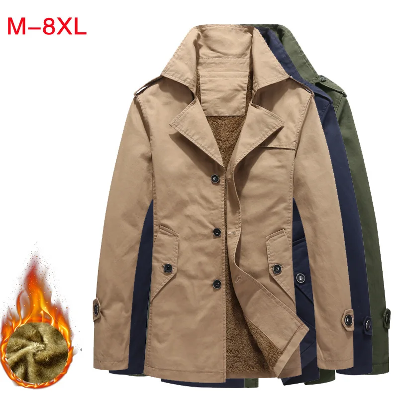 Men's New Jacket Medium Length Windbreaker Outdoor Labor Travel Hiking Large Size Washed Tops Cotton Plush Thick Trench Coat