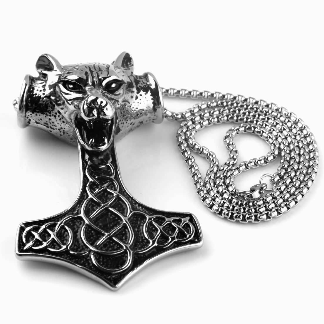 Gothic Men Jewelry Stainless Steel Huge Wolf Head Thor Hammer Mjolnir Pendant Necklace 24inch