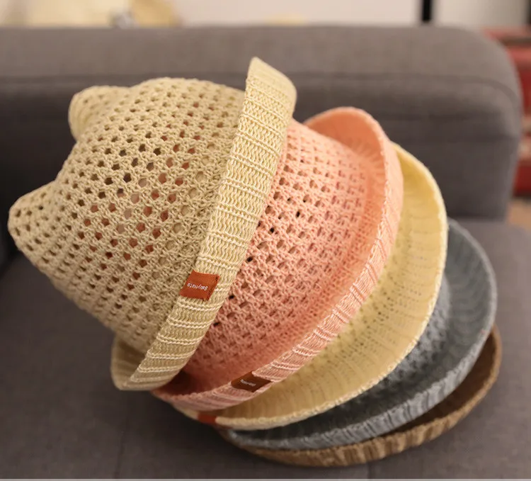 6M-2Y Children Baby Straw Plaited Bucket Hat Hollow Out Beach Holiday Outdoor Summer Sunhats Kids Hats Caps for Boys Girls