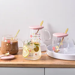 Japanese-style Cherry Blossom Glass With Scale Water Cup Mug With Lid Spoon Home Office Flower Tea Milk Coffee Cup