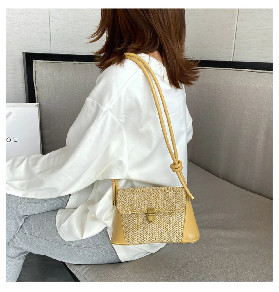 Rattan Bag Straw Bags For Women Summer Woven Ladies Handbag Patchwork Crossbody Shoulder Small Knitting Sac Paille 2021 Flap