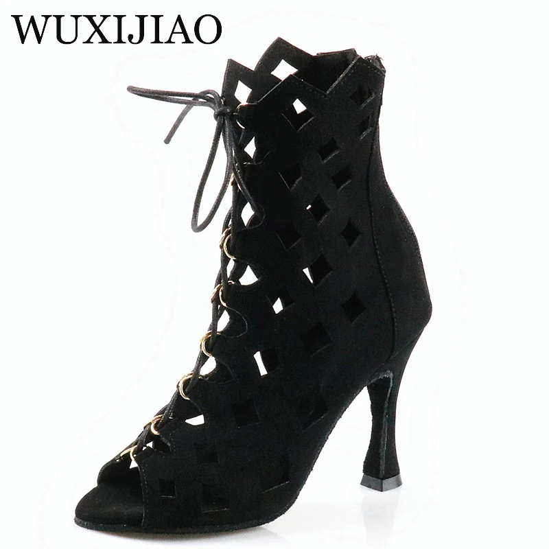 WUXIJIAO Black suede rhinestone modern dance shoes Latin dance shoes wedding shoes Baotou rhinestone designarty