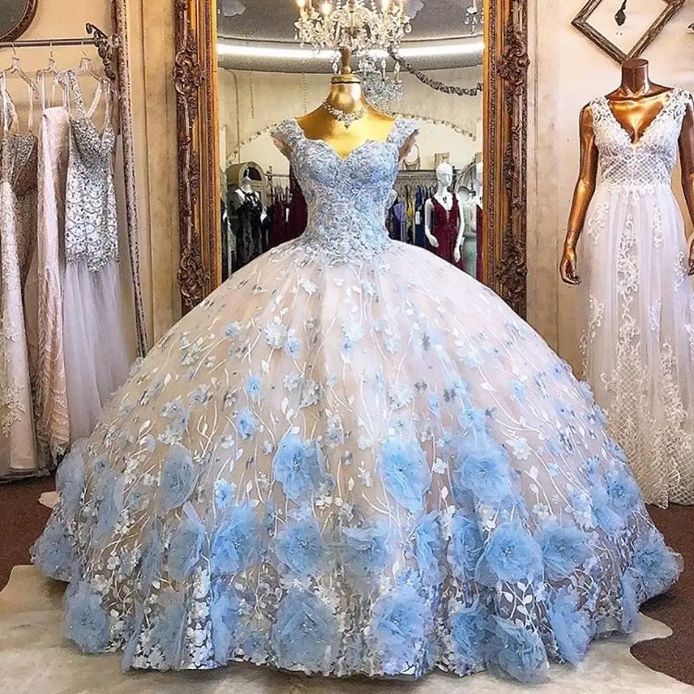 2021 الطفل الأزرق الحلو 16 Quinceanera فساتين للفتيات 3D الزهور الدانتيل الحبيب الدانتيل متابعة الكرة ثوب vestidos دي 15 أنوس 2020