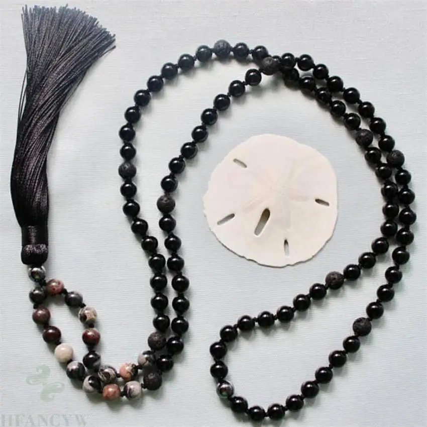 8mm Obsidian Lava Stone Gemstone Mala necklace 108 Beads Meditation Healing spirituality Wrist Chakas Multi-color Sutra Tassel